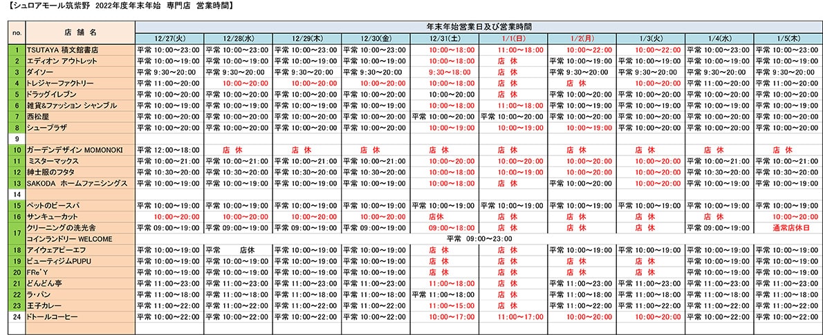 2022年末年始営業時間